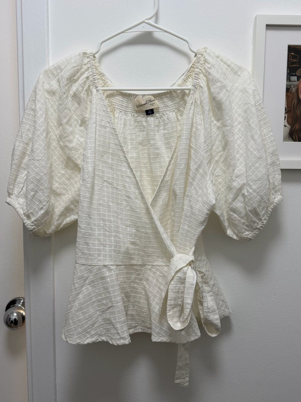 Universal Thread Ivory Textured Wrap Top with Puff Sleeves